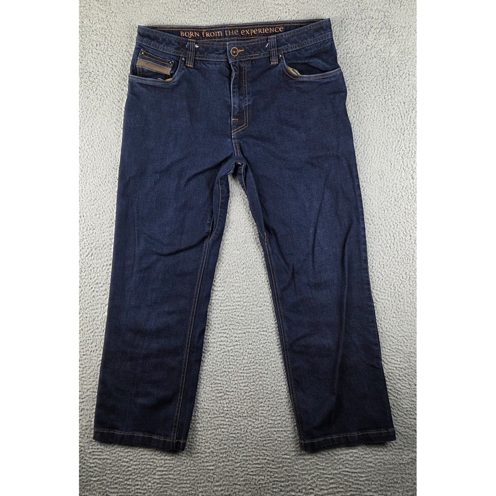 prAna Axiom Jeans Mens 35x30 Dark Wash Blue Denim Organic Cotton Hiking Travel